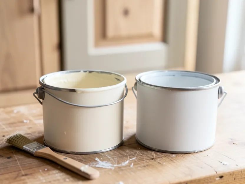 Open cans of Benjamin Moore Aura and Regal Select paint side by side on a workbench