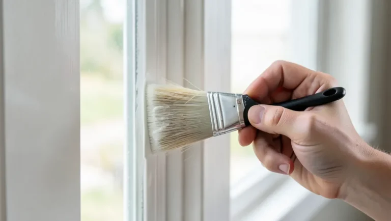 Painting wood trim with an angled sash brush using Benjamin Moore paint
