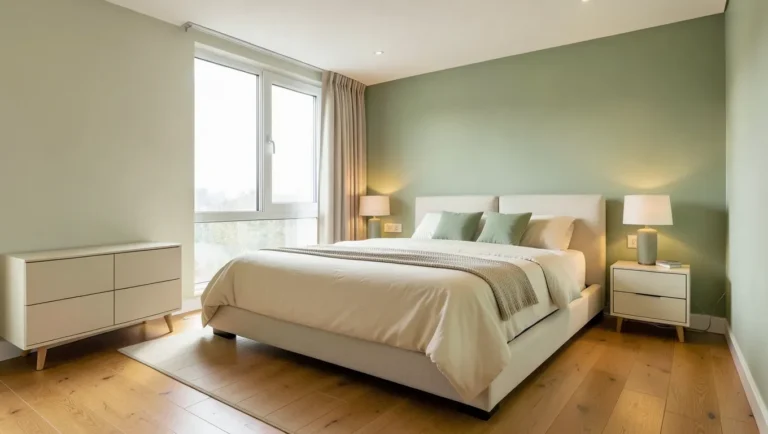 Modern bedroom with warm oak hardwood floors and natural light
