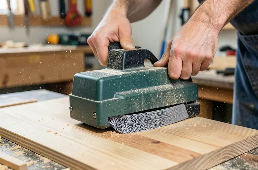 A belt sander being used by hand to smooth a wooden board, showing the abrasive sanding belt loop