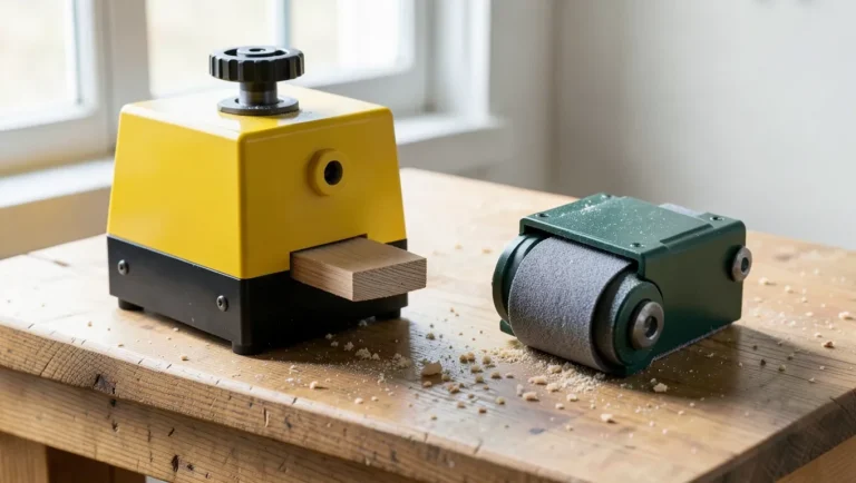 A benchtop thickness planer and a belt sander side by side on a workshop bench, illustrating the difference between cutting and sanding tools