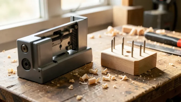 Biscuit joiner and dowel jig with wood dowels laid out on a workshop bench for joinery comparison