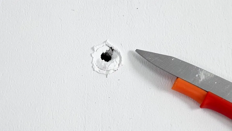 small drywall nail hole filled with white spackle next to a putty knife on a wall