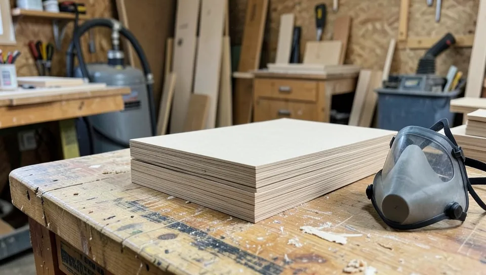 stack of unfinished MDF boards in a workshop next to a shop vacuum and dust mask