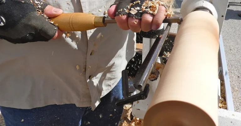 woodworker covered in wood shavings and dust while turning wood on a lathe with no respirator