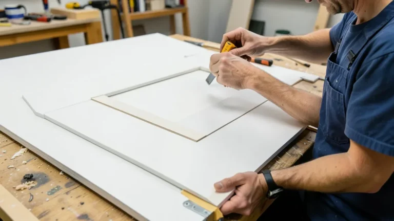 Assembling an MDF shaker-style cabinet door by gluing strips onto a flat panel