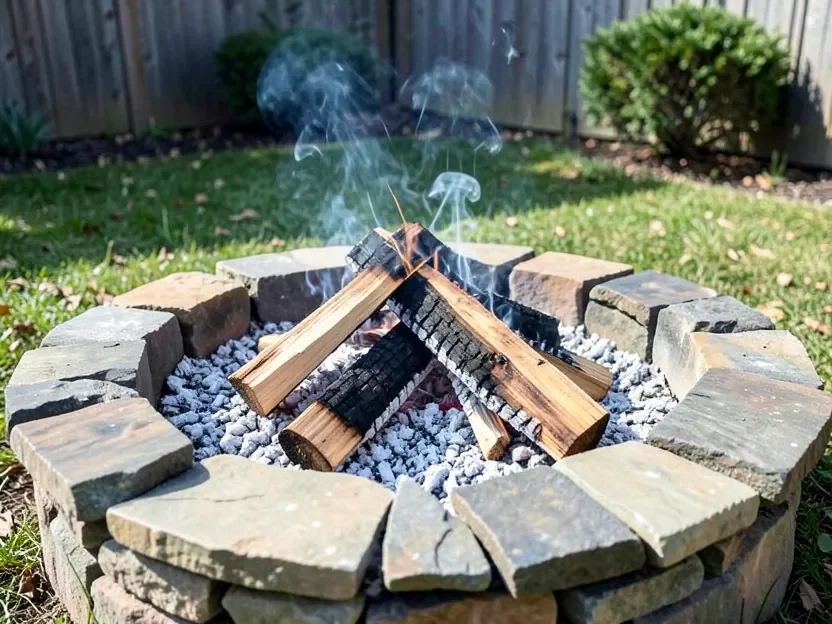 A hardwood fire burned down completely to fine white-gray ash in an outdoor fire pit