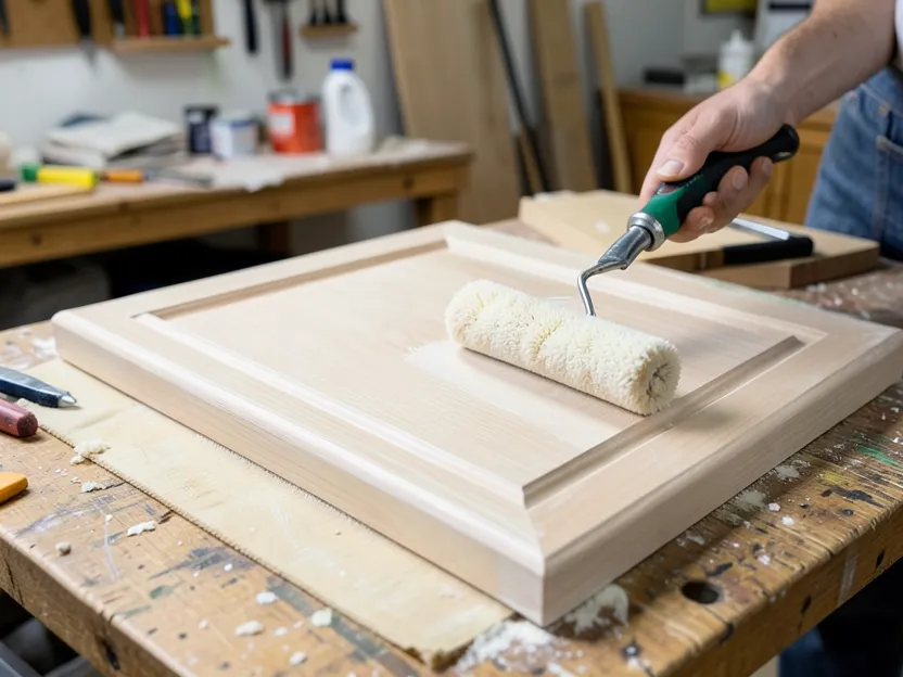 A cabinet door being primed with a paint roller on a workshop bench