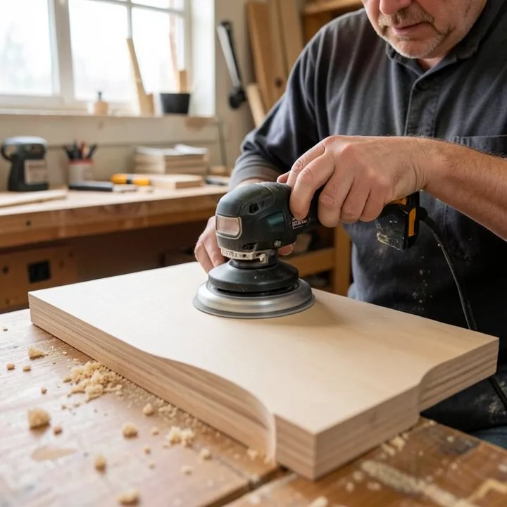 Carpenter using a cordless random orbital sander to smooth a shaped MDF board Carpenter using a cordless random orbital sander to smooth a shaped MDF board
