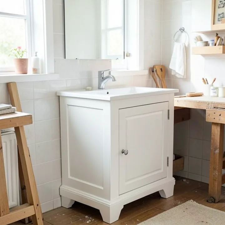White MDF bathroom vanity cabinet with sealed edges in a bright bathroom