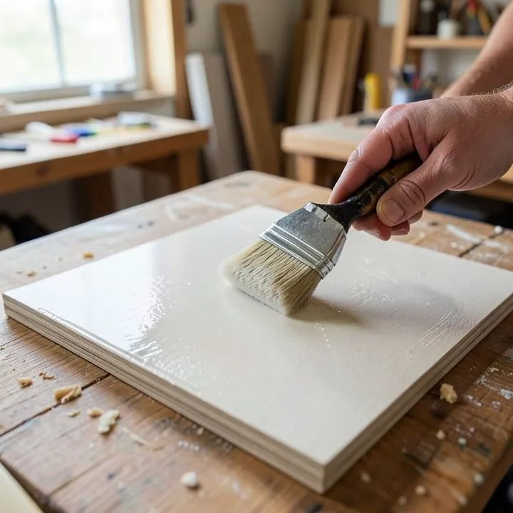 Applying a coat of clear varnish to a primed MDF board with a foam brush