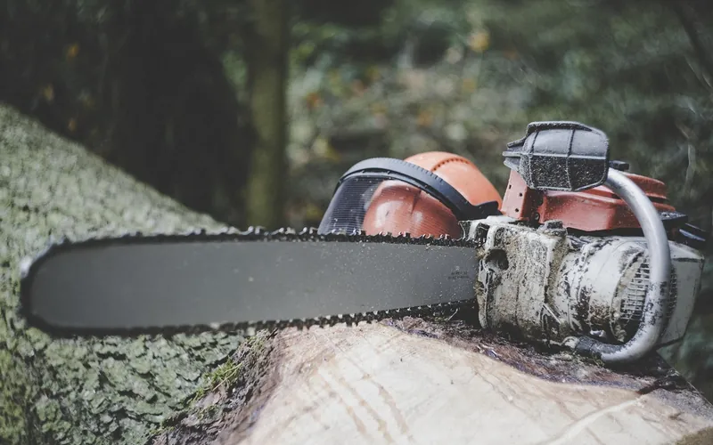 Chainsaw with a long guide bar and chain resting on a freshly cut log beside a safety helmet