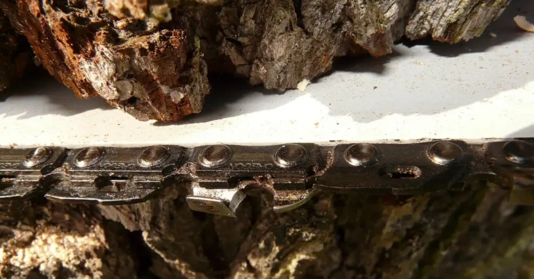 Close-up of chainsaw chain drive links and rivets running along a guide bar inside a cut
