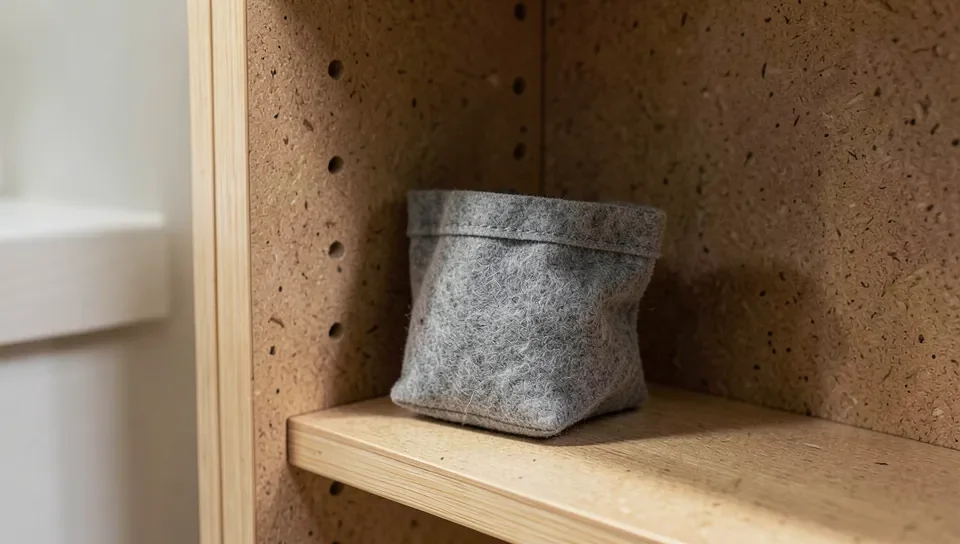 A charcoal odor-absorbing bag placed inside an enclosed MDF cabinet