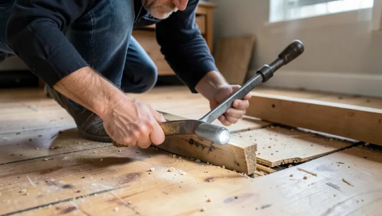 Lifting a loose hardwood floorboard to inspect the subfloor underneath