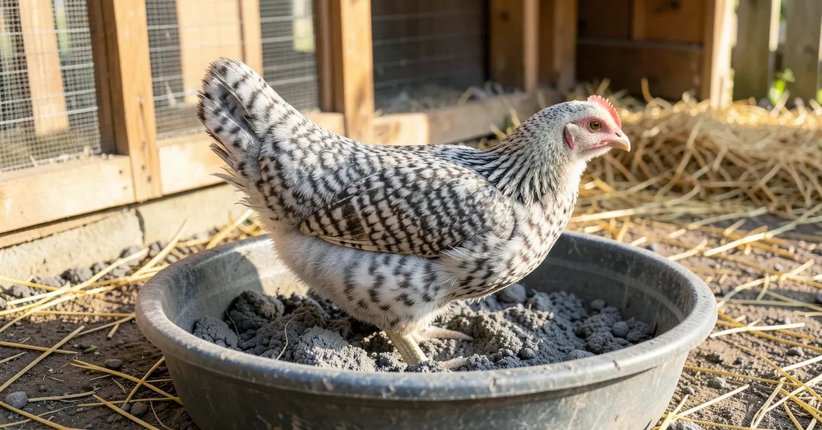 Speckled hen taking a dust bath in wood ash and dirt in a backyard coop