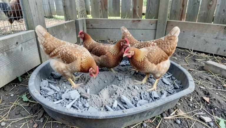 Chickens taking a dust bath in wood ash and dirt