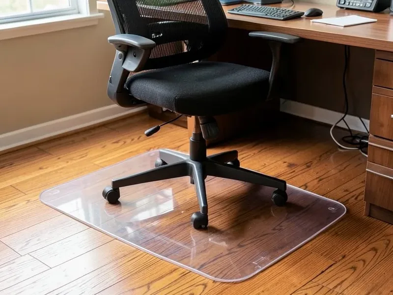 Clear hard-floor-rated chair mat under a rolling office chair on a hardwood floor