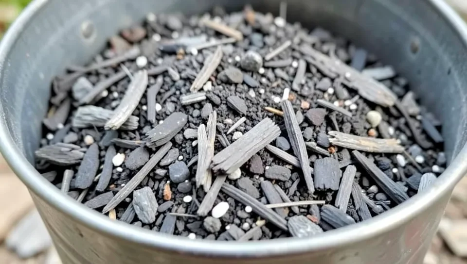 Close-up of coarse wood ash showing mineral flecks and charcoal fragments