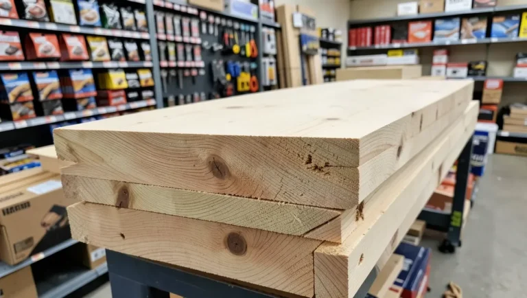 Stacked pine lumber boards with visible knots