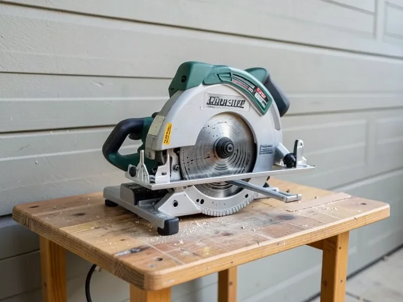 Compact fixed-head miter saw with no sliding rails on a small workbench