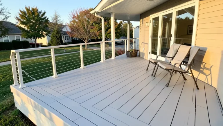 Composite deck with cable railing attached to a suburban house