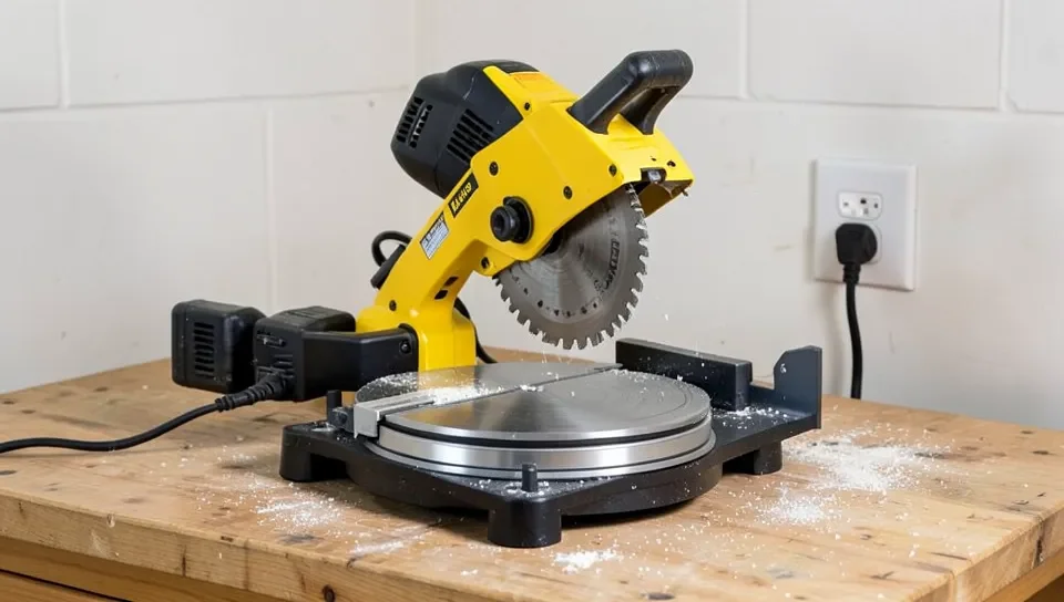Corded miter saw plugged into a wall outlet on a workshop bench