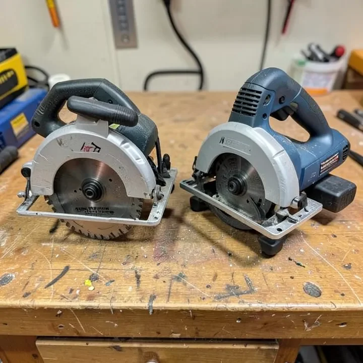 Cordless and corded circular saw side by side for comparison