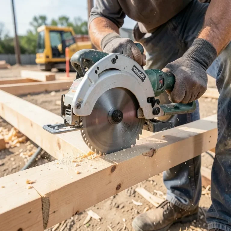 Cordless circular saw cutting through a wood board