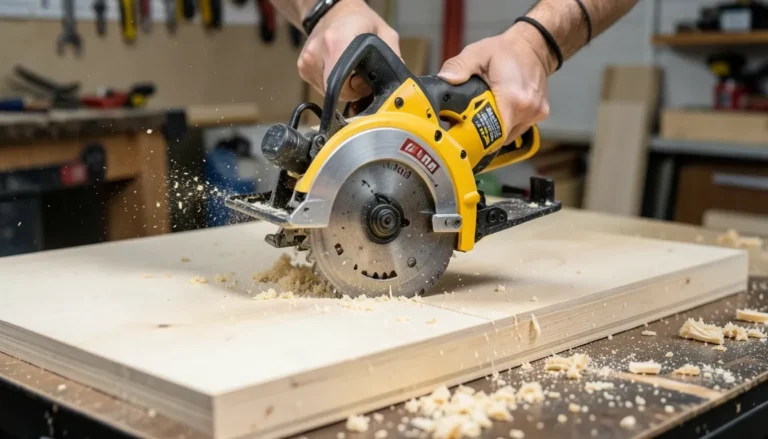 A cordless circular saw cutting through plywood