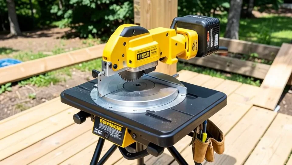Cordless miter saw with battery pack on a portable stand at an outdoor job site, no power cord