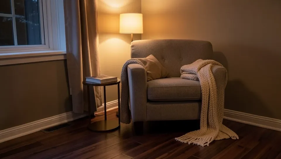 Cozy reading nook with upholstered armchair and floor lamp on dark walnut hardwood bedroom floor