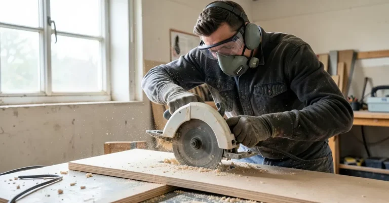 Person wearing an N95 respirator and safety glasses cutting MDF board