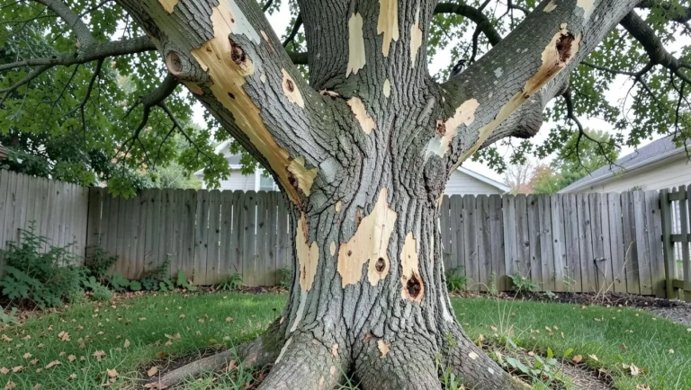 A dead ash tree showing bark loss and woodpecker damage from emerald ash borer