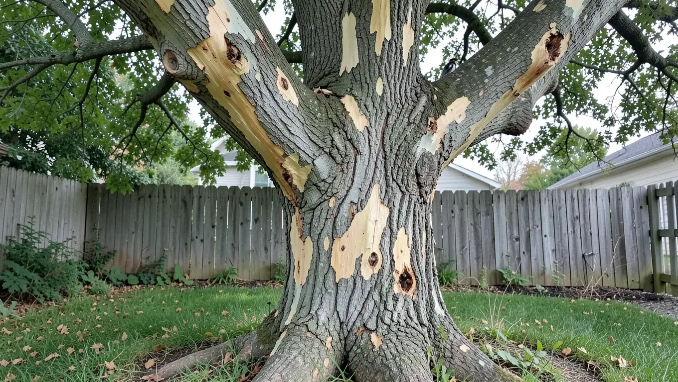 A dead ash tree showing bark loss and woodpecker damage from emerald ash borer