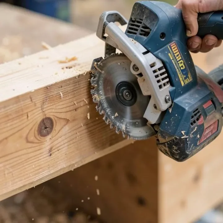 Cordless reciprocating saw cutting through a wood beam