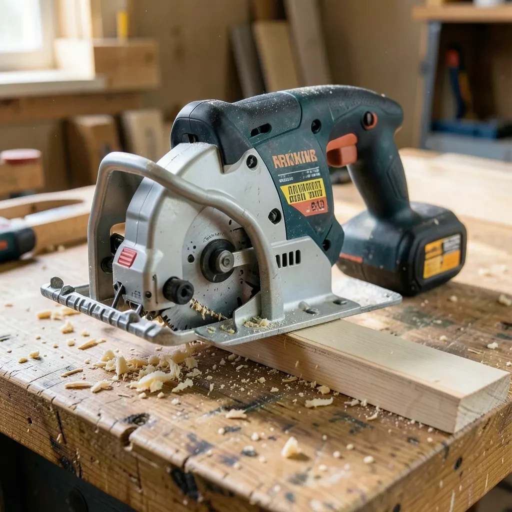 Cordless reciprocating saw on a workbench with cutting blades