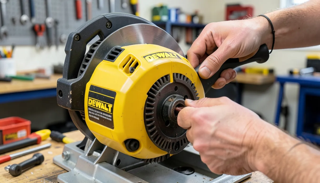 Technician replacing a carbon brush on a DeWalt miter saw motor housing
