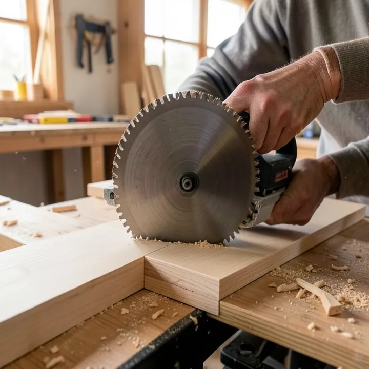 circular saw blade cutting through a smooth-edged engineered wood board in a workshop circular saw blade cutting through a smooth-edged engineered wood board in a workshop