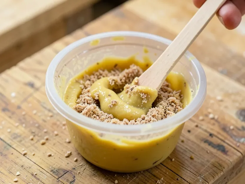 Sawdust and wood glue mixed into a thick paste in a small container