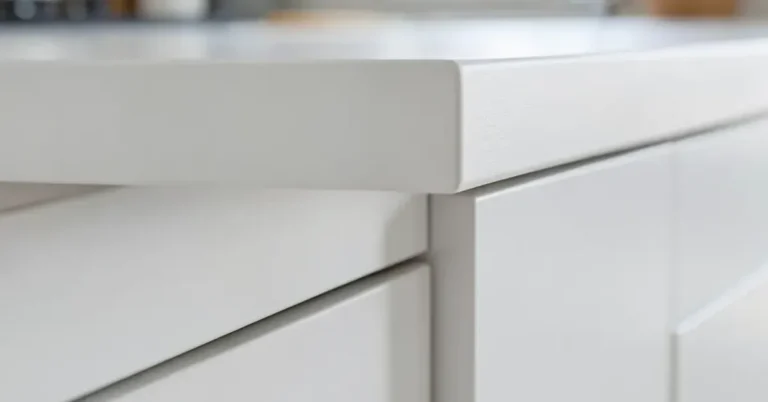 Close-up of a white MDF kitchen cabinet door edge with a smooth painted finish