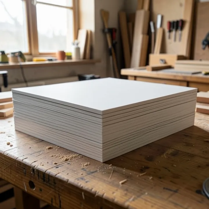 Stack of raw MDF sheets with smooth uniform edges in a woodworking shop