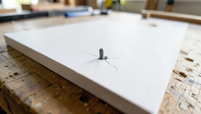 Close-up of an MDF board with a small split radiating from a screw hole