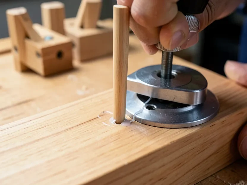 Wood dowel pins glued into drilled holes using a self-centering dowel jig