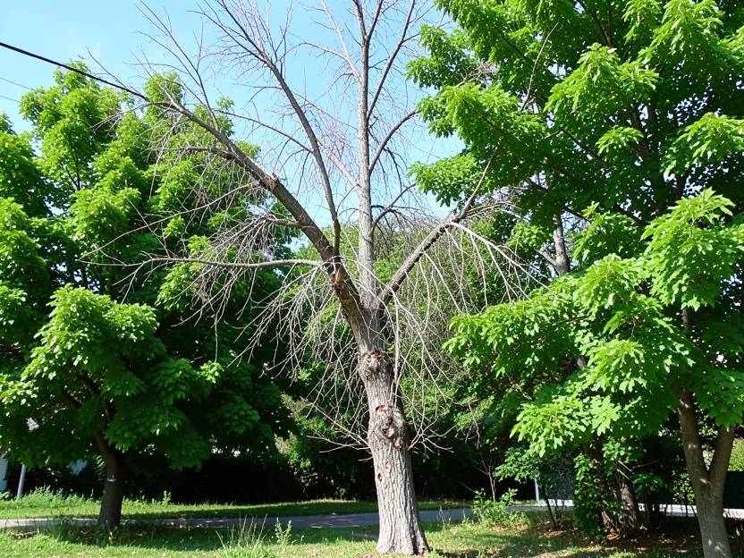 Ash tree with thin, bare upper canopy showing dieback from emerald ash borer damage