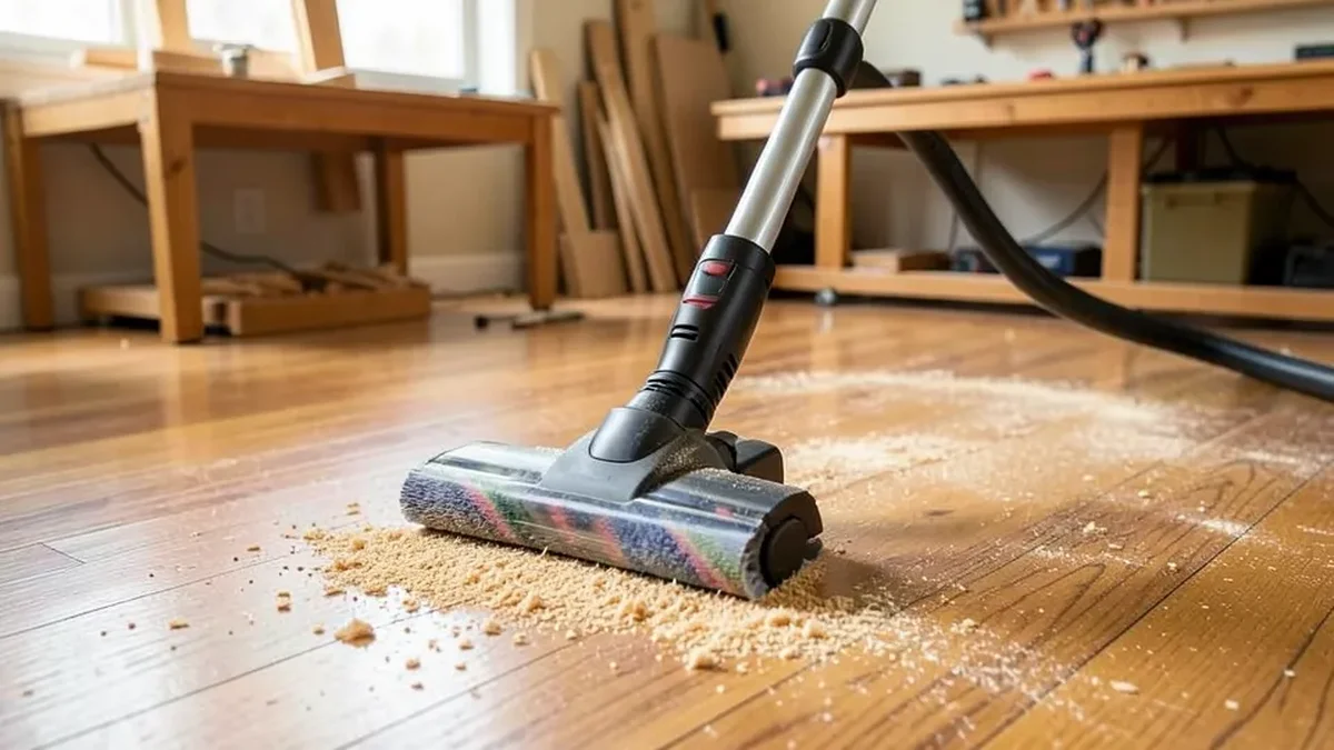 Cordless stick vacuum with a soft roller head cleaning sawdust off a hardwood workshop floor