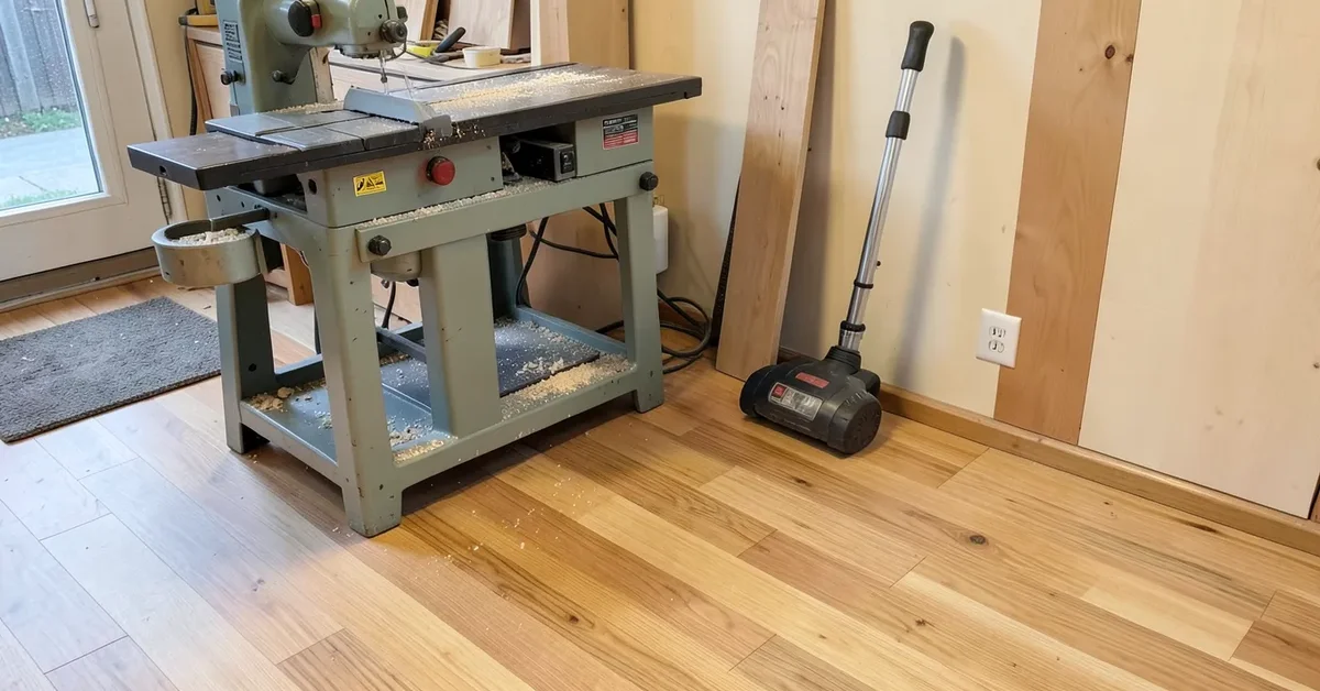 Clean hardwood workshop floor with a cordless stick vacuum parked nearby
