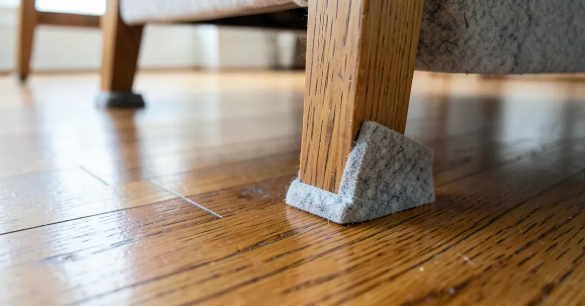 Felt furniture pad on a wooden chair leg standing on a hardwood floor