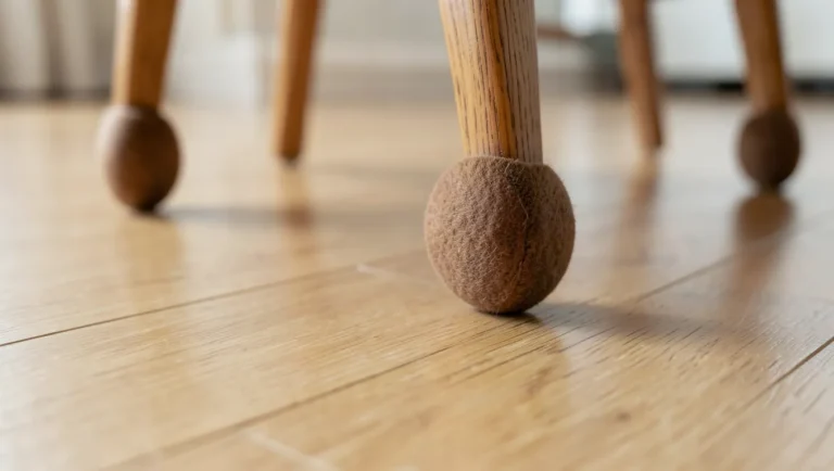 Round felt pad on the bottom of a wooden dining chair leg on a hardwood floor