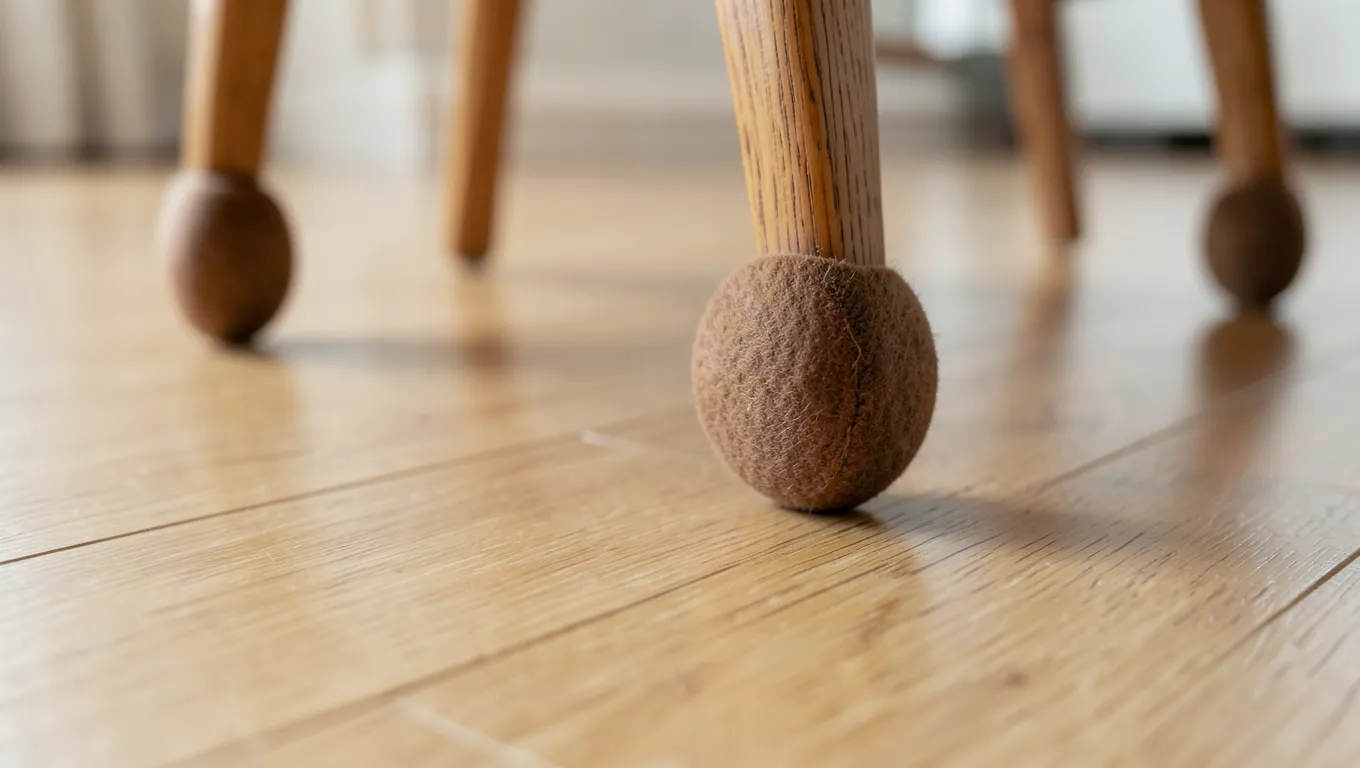 Round felt pad on the bottom of a wooden dining chair leg on a hardwood floor